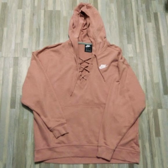 NIKE HOODIE PULLOVER*LIGHTWEIGHT*LACED V NECK*WOMEN SIZE M*DUSTY ROSE COLOR* - Picture 2 of 7